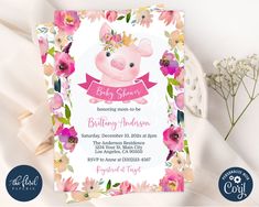 a pink pig birthday party with flowers on it