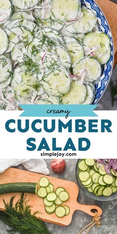 cucumber salad in a bowl with the title overlay reading creamy cucumber salad