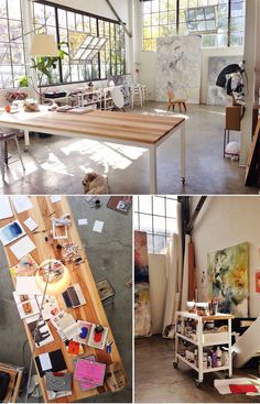 four different shots of an artist's studio with multiple paintings and art supplies on display