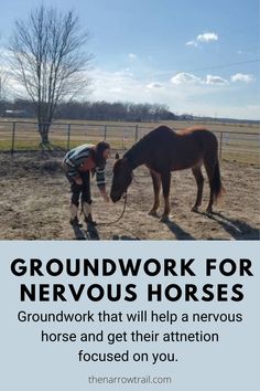 a horse that is standing next to a person with a helmet on and the words groundwork for nervous horses