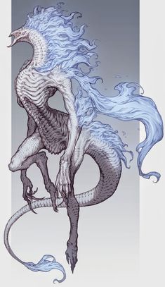 a drawing of a white dragon with blue hair on it's head and tail