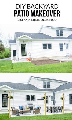 the before and after photos of a patio makeover with white siding, black shingled windows