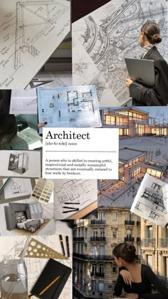 a collage of architectural drawings and people working on their laptops in front of them