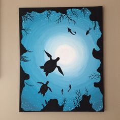 an acrylic painting of a sea turtle swimming in the ocean at night time