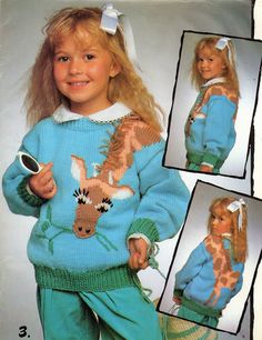 "Offering a 1980's knitting pattern for a retro Giraffe sweater for kids, in 10 ply!  \"Tall Story\" Yarn mane gives a cute 3-D effect. Designed for cozy comfort and adorable style - pattern sizes are for boys or girls ages 4, 6 and 8 years, although size could be easily adjusted as needed. Written row-by-row instructions plus charts for worked in giraffe motif. Helpful hints section will be included. Requires worsted weight 10 ply yarn and other materials listed on 7th photo.  Suggested colors Pullover Sweater Knitting Pattern, Kids Knitting Patterns, Animal Sweater, Kids Knitting, Retro Kids, Knitted Animals, Haken Baby, Vintage Knitting Patterns, Knitting Books