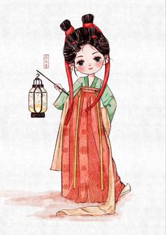 an illustration of a geisha girl holding a lantern with her hair in buns