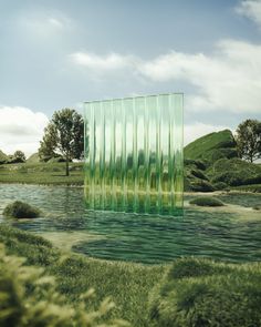 an abstract image of green lines floating in the air over water and land with grass on either side