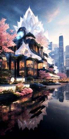 an artistic rendering of a futuristic building with trees and flowers in the foreground, reflecting on water