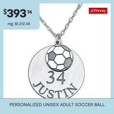 a personalized soccer necklace with the number 344 on it and a ball in the center