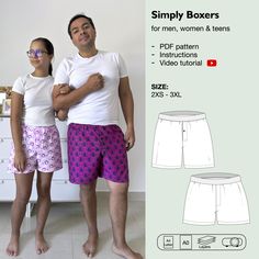 SEWING PATTERN: SIMPLY BOXERS Our "Simply Boxers" PDF sewing pattern is an essential part of our "As Good As Free" campaign. At its low cost, you can't go wrong by choosing it to create comfortable and cheerful boxer shorts. This unisex pattern is available in a wide range of sizes, allowing you to sew for your teen, husband, and yourself. It offers two length options: shorts and Bermuda length. You can choose to sew the advanced version with a real mock fly and a clean waistband finishing without visible seams, or the beginner version with the faux mock fly and an easy waistband attachment. These boxers can be used as underwear, sleepwear, or loungewear, depending on the chosen fabric. This pattern makes creating these versatile boxers pretty easy. The pattern instructions and YouTube vid Boxer Pattern, Boxer Shorts Pattern, Boxers Men, Boxer For Men, Long Johns, Boxer Shorts, Pdf Sewing Patterns, Patterned Shorts, Low Cost