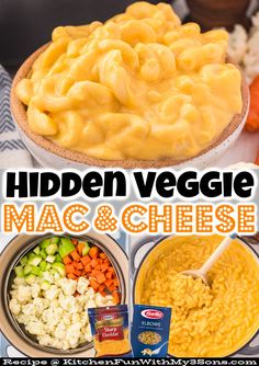 macaroni and cheese in bowls with the title hidden veggie mac & cheese