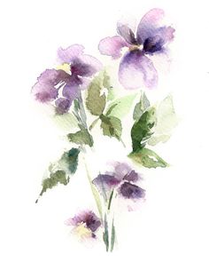 watercolor painting of purple flowers with green leaves