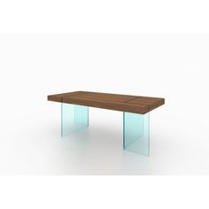 a wooden table with glass legs and a wood top on an isolated white background,