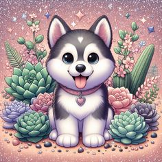 a painting of a husky dog surrounded by cacti and succulents