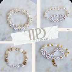 four different types of beaded bracelets on a marble surface with the words'up collection'in gold, white and black letters