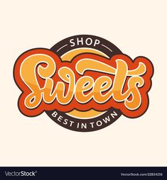 the logo for sweetests in town, with orange and brown lettering on white background