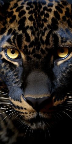 a close up of a leopard's face with yellow eyes