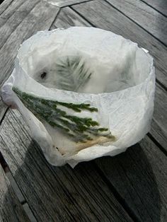 a paper bag filled with green plants sitting on top of a wooden table