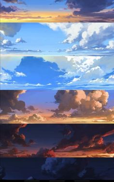 the sky is filled with clouds in three different stages