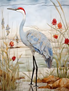 a painting of a crane standing in the grass near water and flowers with blue sky behind it