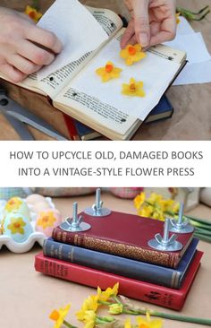 how to upcycle old, damaged books into a vintage - style flower press