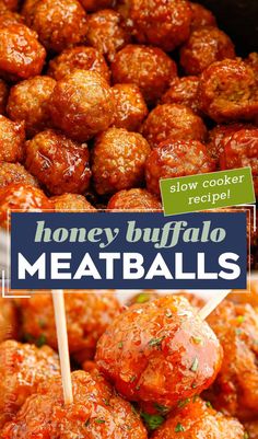 honey buffalo meatballs with skewered toothpicks in the foreground and text overlay reading slow cooker recipe honey buffalo meatballs