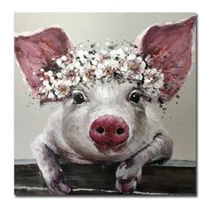 TPFLiving Poster Leinwand / Nettes Schwein mit Blumen auf dem Kopf / Verschiedene Größen - OHNE Rahmen - Modell JB965 Pig Painting, Creation Art, Pig Art, Abstract Canvas Wall Art, Decoration Originale, Animal Canvas, Cute Pigs, Kids Room Wall Art, Arte Animal