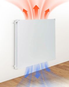 an electric heater on the wall with red arrows pointing up at it's back