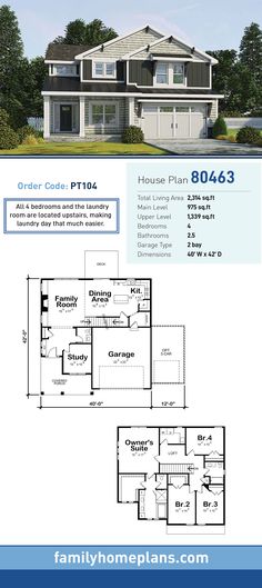 the floor plan for this modern home is shown in blue and white, with two garages