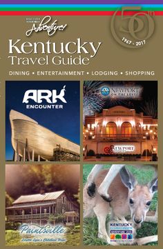 an advertisement for kentucky travel guide with pictures of buildings and animals in front of it