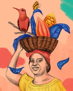 a drawing of a woman with a basket on her head and a bird sitting on top of it