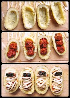 several different types of food being prepared on a cutting board and placed in individual holes