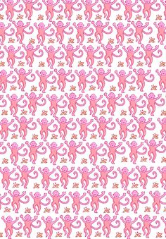 pink monkeys on white fabric with stars and swirls in the backgroung