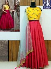 Splendorous Hot Pink With Yellow Color Banglori Silk Designer Ready Made Anarkali Suit.  Available Ready Made Size - 40 & 42 Salwar Kameez Wedding, Wedding Salwar Suits, Buy Salwar Kameez Online, Anarkali Suits Designer, Designer Salwar Kameez, Indian Salwar, Salwar Suits Online