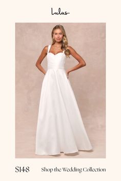 a woman in a white dress with the words shop the wedding collection