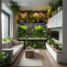 a living room filled with lots of green plants