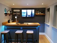 two stools are sitting at the bar