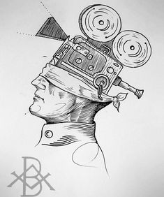 a drawing of a man's head with a camera on top of his head