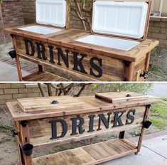 two pictures of an outdoor cooler with drinks on it