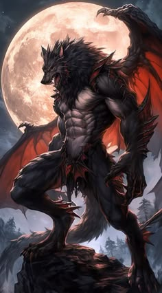 a black and red dragon standing on top of a rock in front of a full moon