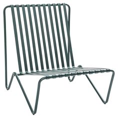 a metal chair that is sitting on top of a white background with the seat folded back