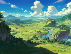 an anime landscape with mountains and lakes in the foreground, clouds in the background