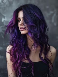 Dark Unique Hair Color, Dark Galaxy Hair, Fashion Colors Hair, Dramatic Hair Color, Fuschia Hair, Long Hair Color Ideas, Purple Hair Color Ombre, Bright Purple Hair, Dramatic Hair Colors