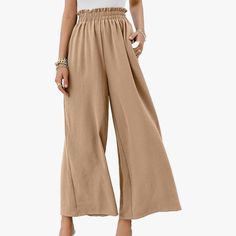 Boutique Eteviolet Women's Boho Bohemian High Waisted Palazzo Pants Summer Beach Wide Leg Flowy Pants. Perfect Neutral Staple Transitional Piece. Fits Tts Color: Khaki Tan Beige Outfit Formal Mujer, High Waist Wide Leg Pants, Casual Wide Leg Pants, Weave Style, Pantalon Large, Loose Pants, Plus Dresses, Fashion Colours, Blouse Dress