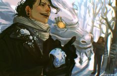 a painting of a woman holding a snowball in her hand and looking up at the sky