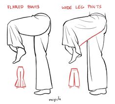 how to draw pants with the legs and feet in different positions, from top to bottom