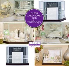 glass boxes for wedding cards and other decorative items are shown in this collage photo