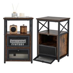 two end tables with one open shelf and the other closed, both side by side