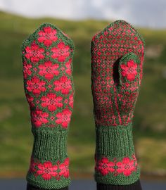 a pair of pink and green mittens sitting on top of a wooden table next to a lake