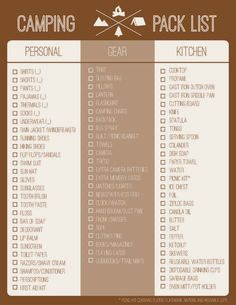 the camping checklist is shown in brown and white